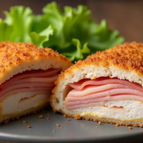 Golden-brown Frozen Chicken Cordon Bleu, sliced open to reveal melted Swiss cheese and ham, served with mashed potatoes and roasted vegetables.