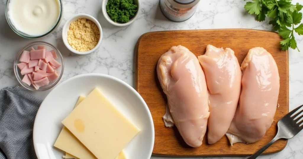 Golden-brown Frozen Chicken Cordon Bleu, sliced open to reveal melted Swiss cheese and ham, served with mashed potatoes and roasted vegetables.
