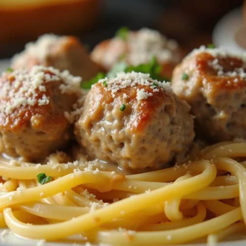 A plate of Alfredo and meatballs served over fettuccine, smothered in a rich, creamy Parmesan sauce, and garnished with fresh parsley and grated cheese.