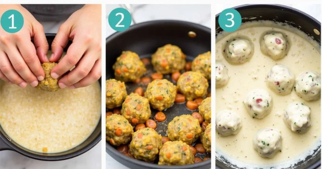 A plate of Alfredo and meatballs served over fettuccine, smothered in a rich, creamy Parmesan sauce, and garnished with fresh parsley and grated cheese