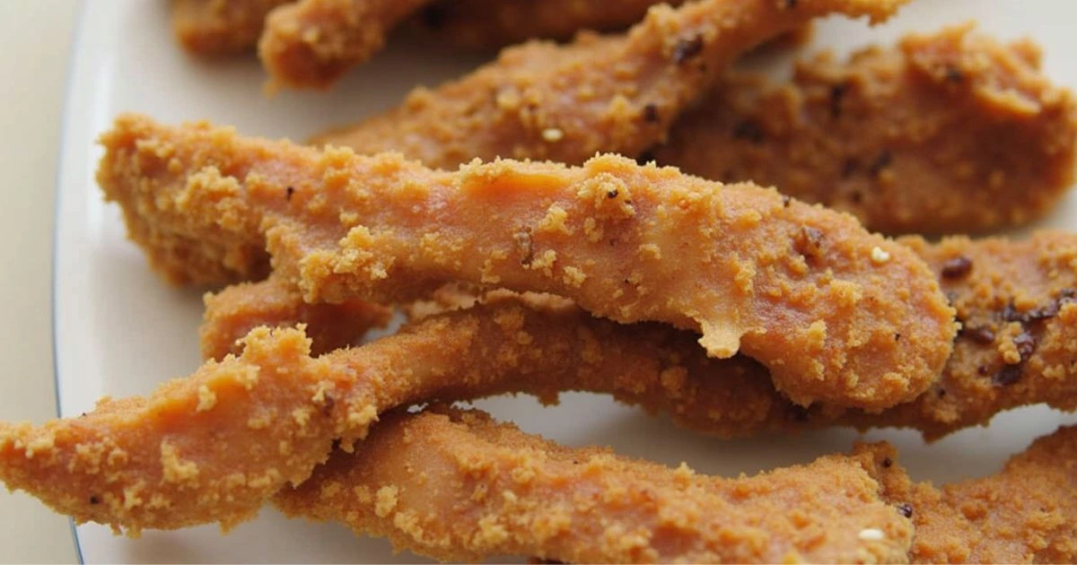 Homemade chicken jerky pieces on a wooden board, golden-brown and slightly glossy, with a side of marinade and seasonings in small bowls.