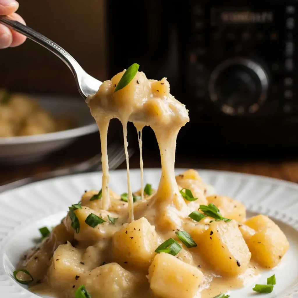 Serving crockpot cheesy potatoes with melted cheese