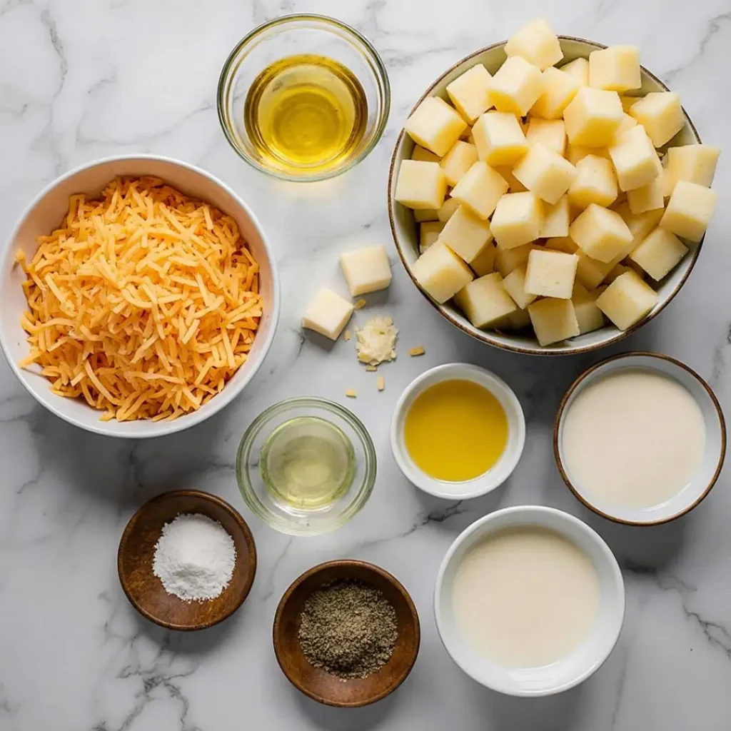Ingredients for Crockpot Cheesy Potatoes laid out on kitchen counter