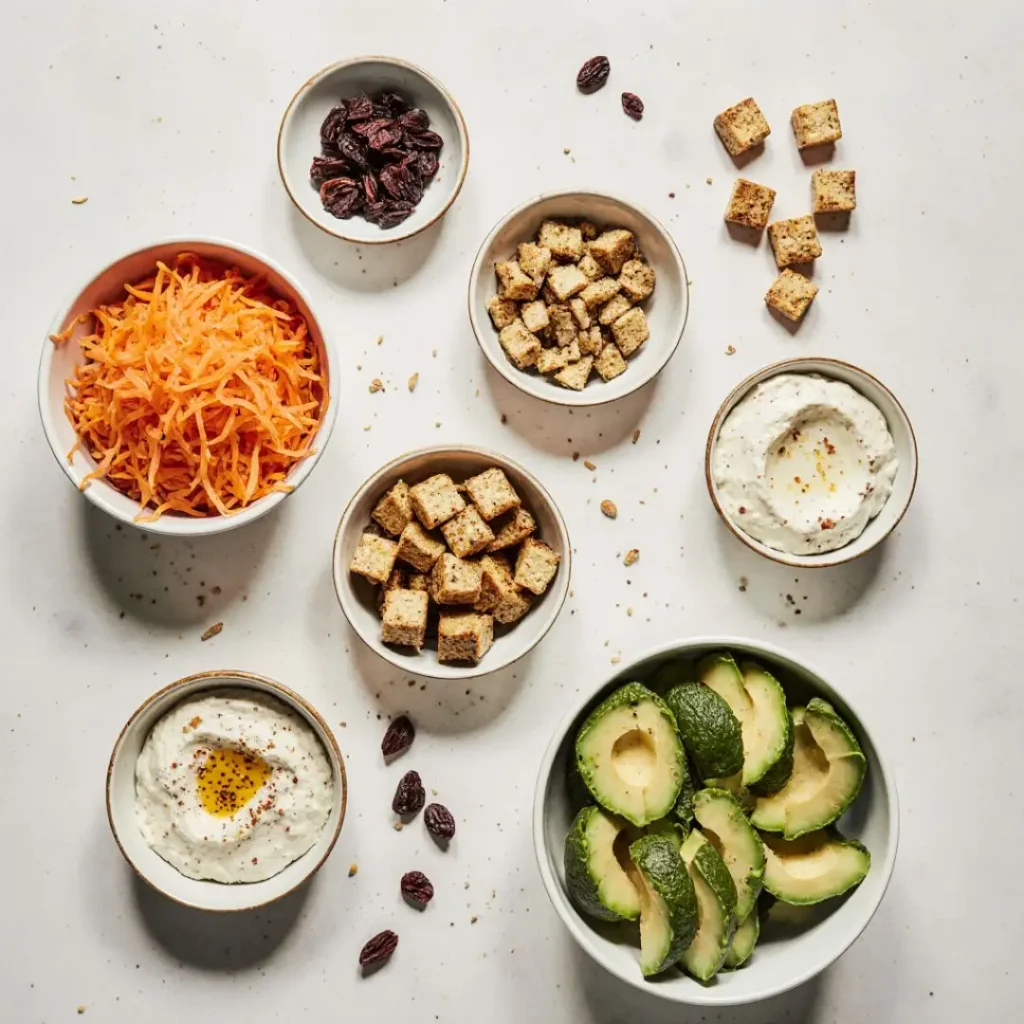 Assorted salad toppings in bowls