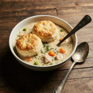 Serving of crock pot chicken pot pie in bowl