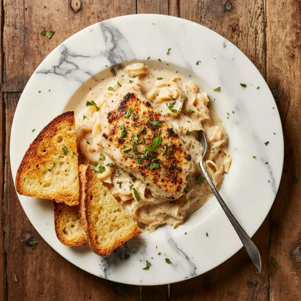 Marry Me Chicken Pasta with garlic bread and white wine