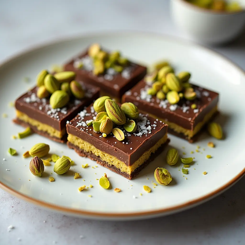 Sliced pistachio kataifi chocolate bar served on dessert plate