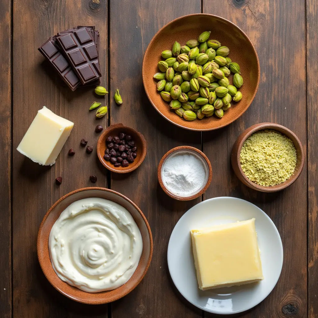 Ingredients for pistachio kataifi chocolate bar on rustic table